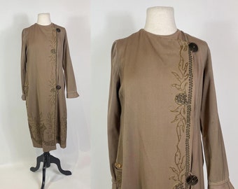 1920s Brown Wool Embroidered Duster Jacket