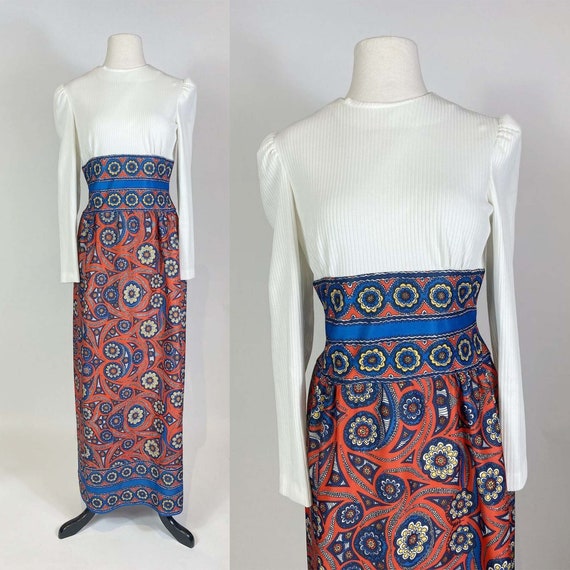 1970s Red Blue Paisley Maxi Dress