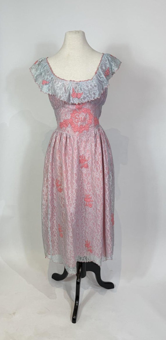 1950s Pink and Blue Cotton Candy Lace Slip Dress … - image 2