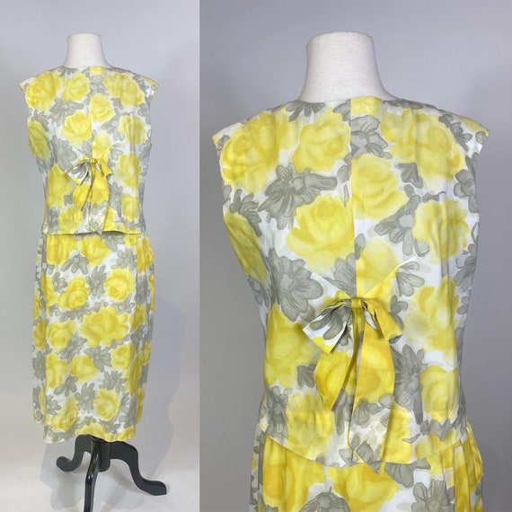 Early 1960s Yellow and Grey Watercolor Floral Pri… - image 1