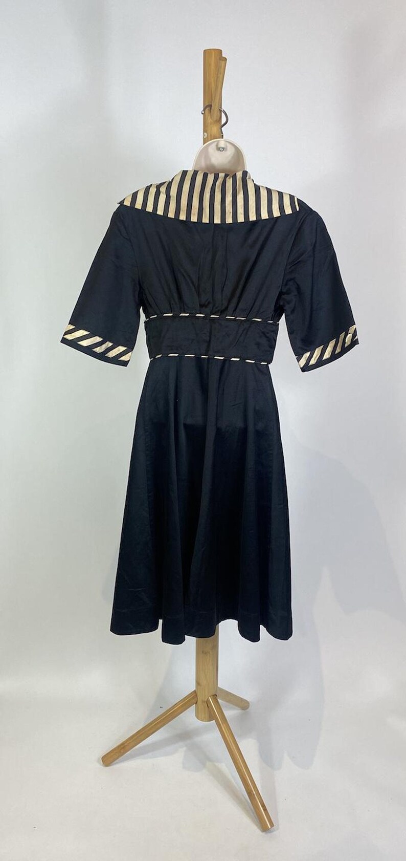 1940s Black Cotton Striped Trim Day Dress image 5