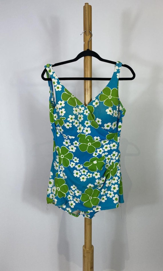 1960s Mod Flower Power Blue and Green Swimsuit - image 2