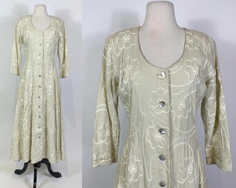 1990s Cream Embroidered Floral Linen Button Up Maxi Dress