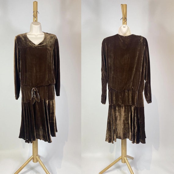 1920s Brown Silk Velvet Drop Waist Dress - image 1