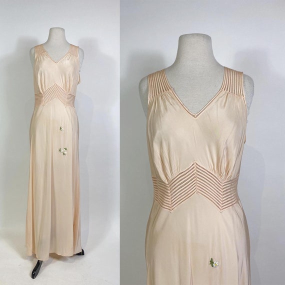 1940s Pink Rayon Maxi Slip Dress with Floral Embr… - image 1