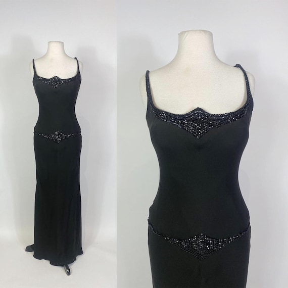 1990s - Y2K Donald Deal Black Silk Beaded Gown wi… - image 1