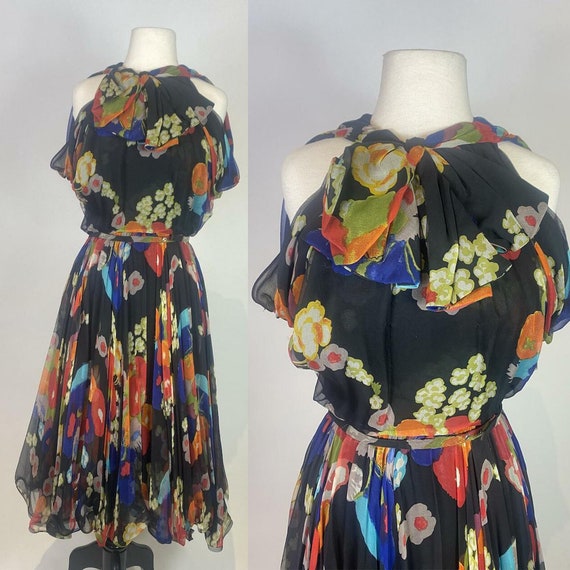 1950s - 1960s Silk Chiffon Floral Bow Front Dress - image 1