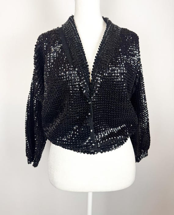 Vintage 1950s Black Wool Sequin Bad Girl Cardigan… - image 1