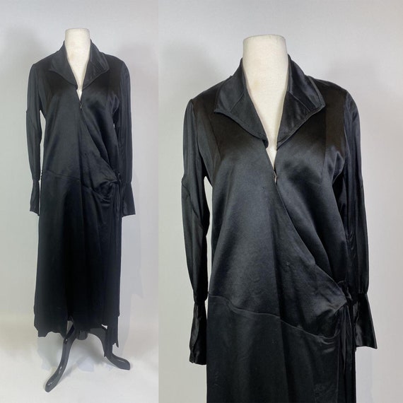 1920s Black Silk Satin Long Sleeve Wrap Flapper D… - image 1