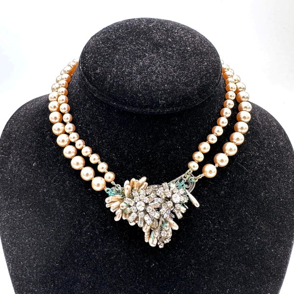 1950s MIRIAM HASKELL Multi Strand Glass Pearl Rhinestone Cluster Beaded Pendant Necklace