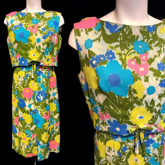 1960's Bright Floral 2 Piece Dress - image 1