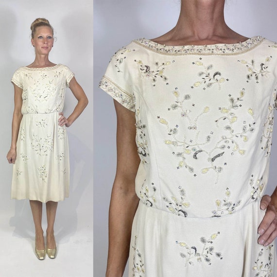 1950s - 1960s Cream Silk Beaded and Embroidered Dr