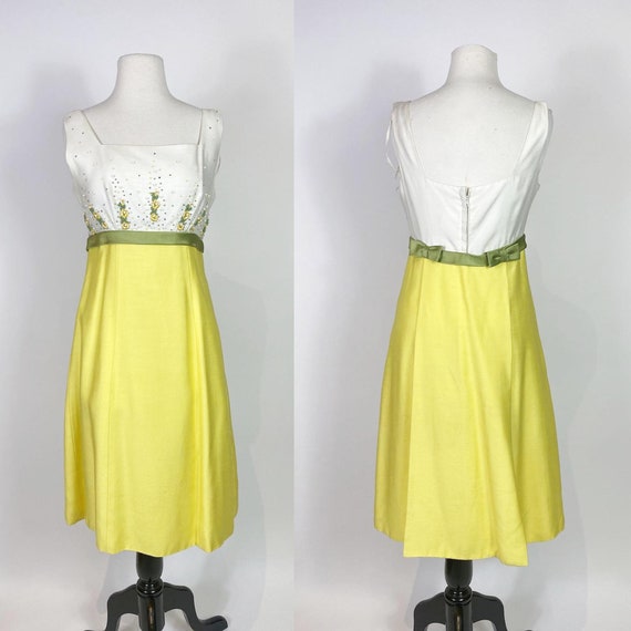 1960s Floral Embroidered Bust Yellow and White Dress Gem