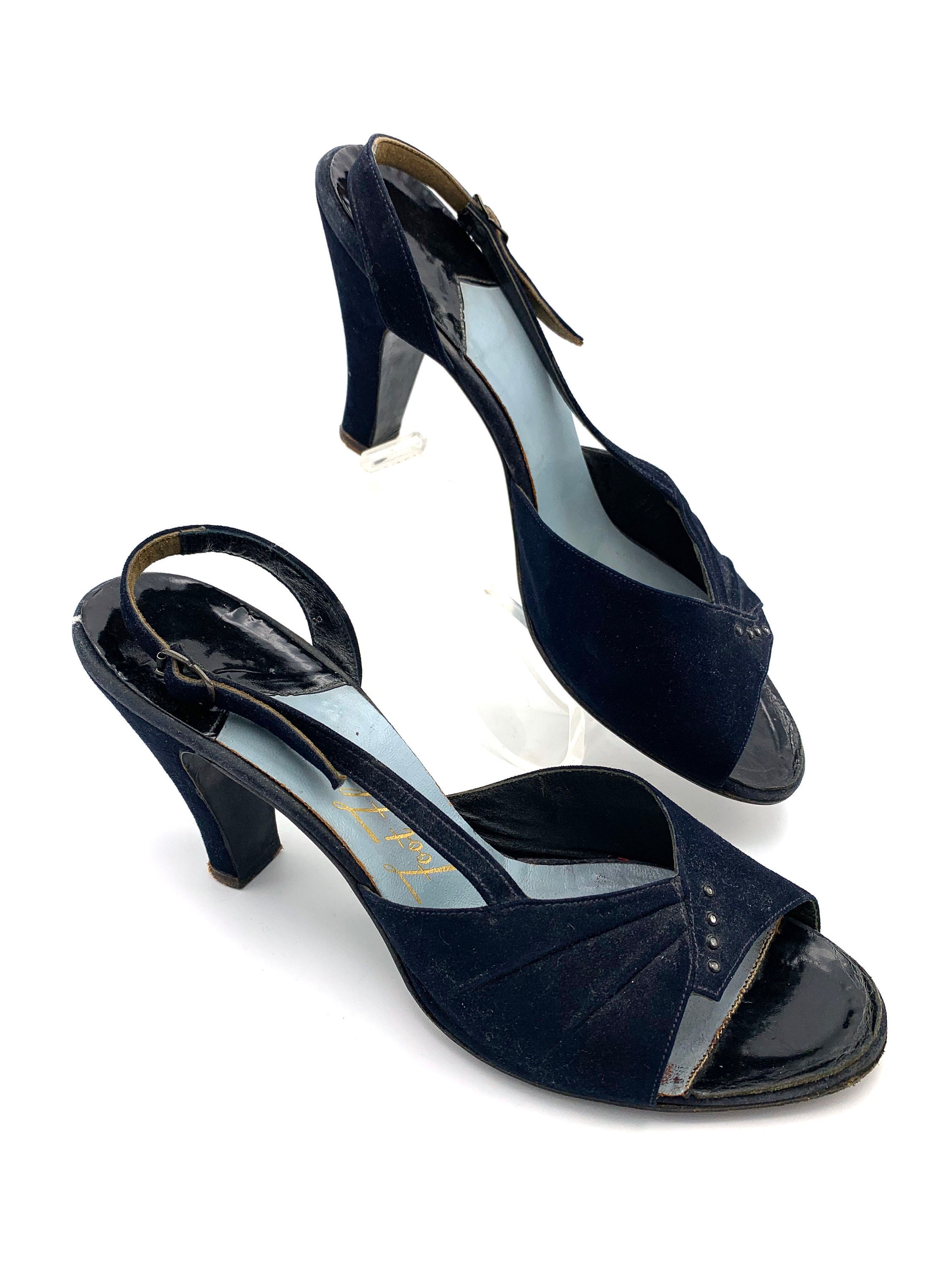 1940s 50s Navy Suede Slingback Heels | Etsy