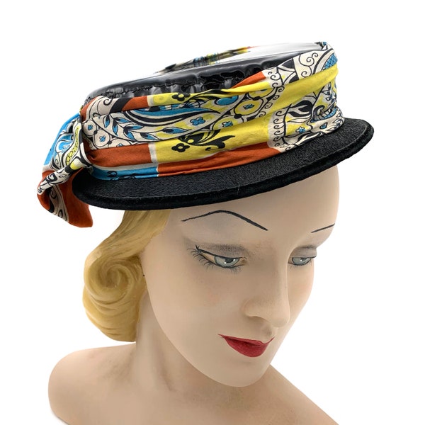 1960s Patent Leather Top Silk Scarf Hat