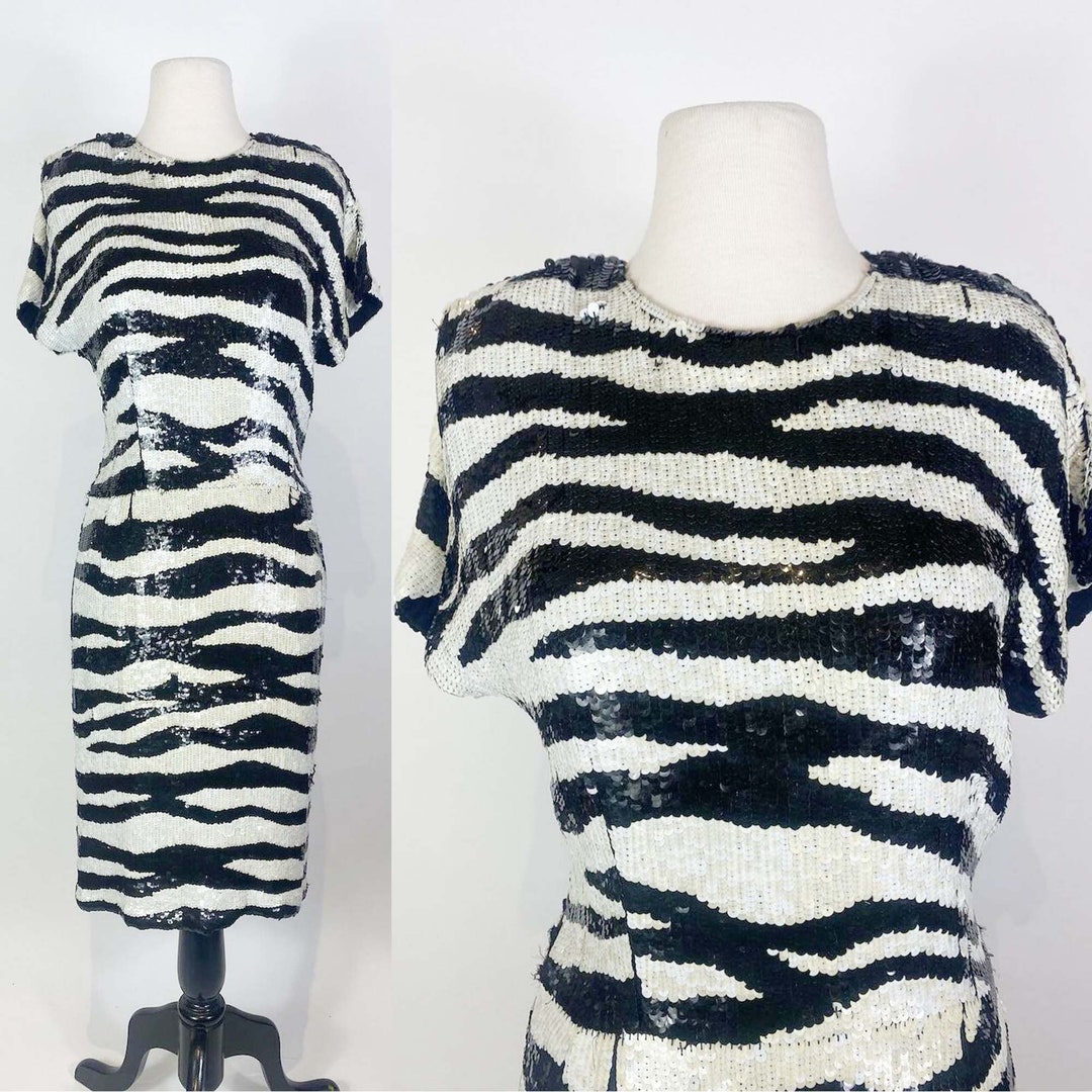 1980s Pure Silk Zebra Sequin Dress Etsy