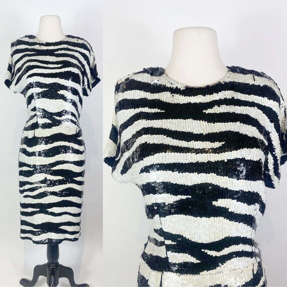 1980s Pure Silk Zebra Sequin Dress - image 1