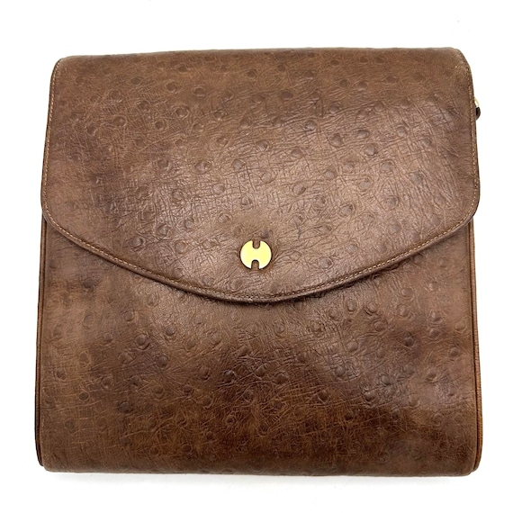 1970s HALSTON Brown Ostrich Leather Crossbody Bag