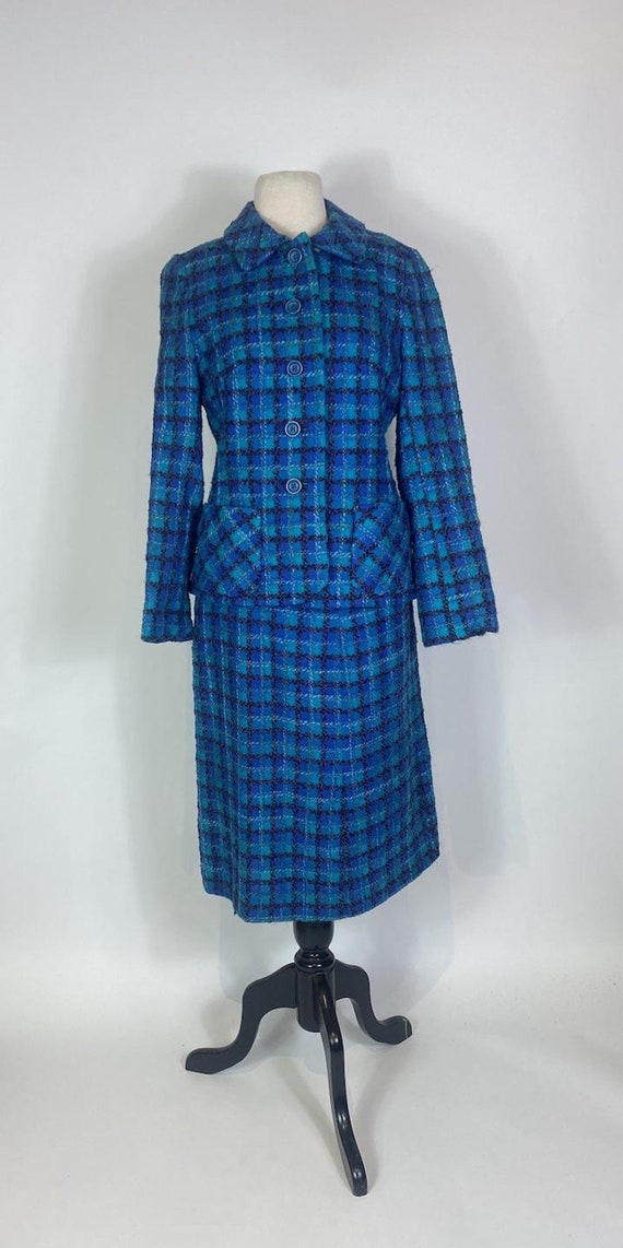 1960s Lord & Taylor Blue Plaid Wool Tweed Skirt a… - image 2