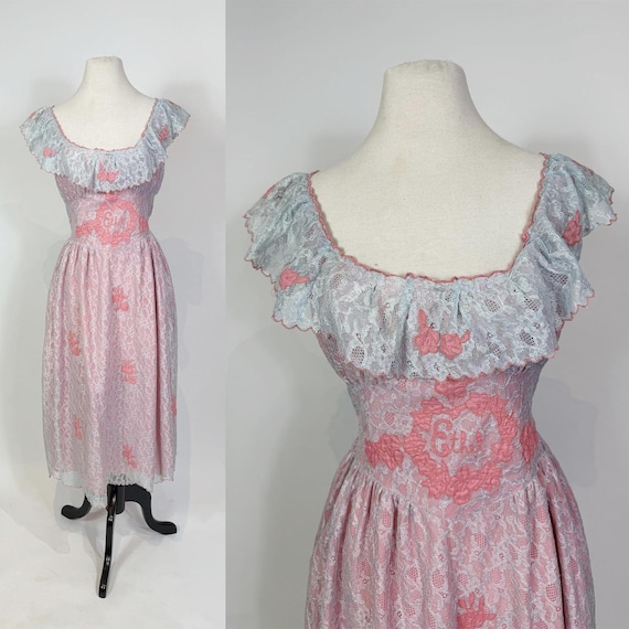 1950s Pink and Blue Cotton Candy Lace Slip Dress … - image 1
