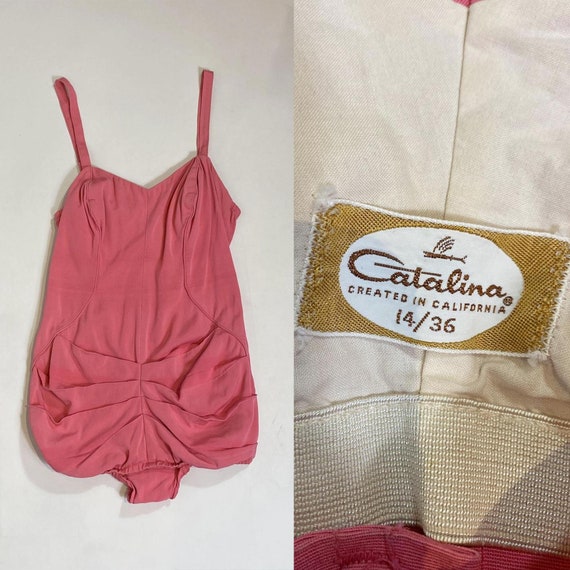 1950s Catalina Pink Ruched Hip Swimsuit - image 1