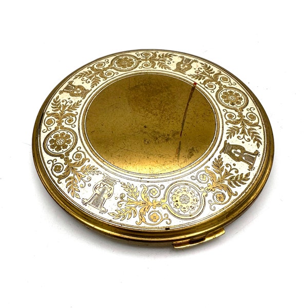 Miroir compact rond géant en laiton doré VOLUPTE des années 1950 avec applicateur de marque originale