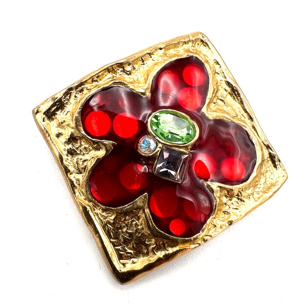 1990s Christian Lacroix Red Flower Rhinestone Detail Enamel Golden Metal Brooch