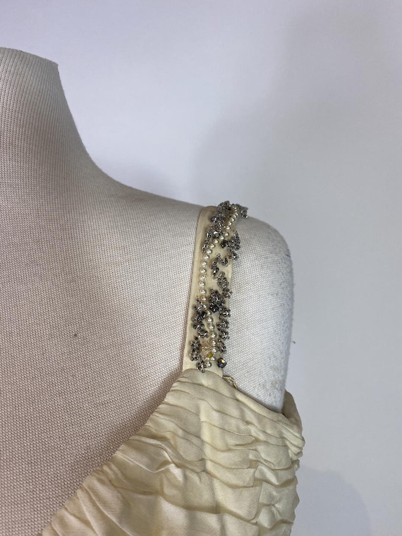 1960s Heavily Beaded Midriff Illusion Silver Gown