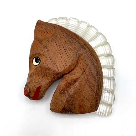 1940s LARGE Wood & Lucite Horse Brooch