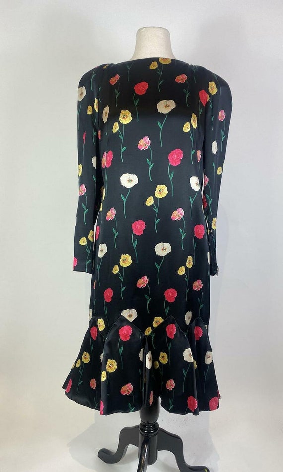 1980s Pauline Trigere Silk Drop Waist Poppy Flowe… - image 2