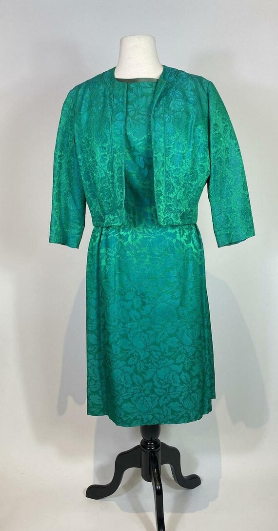 1960s Blue Green Jacquard Dress and Jacket Set - image 2