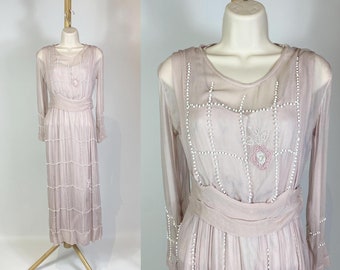 1920s Pink Silk Chiffon Maxi Dress with Beaded Flowers