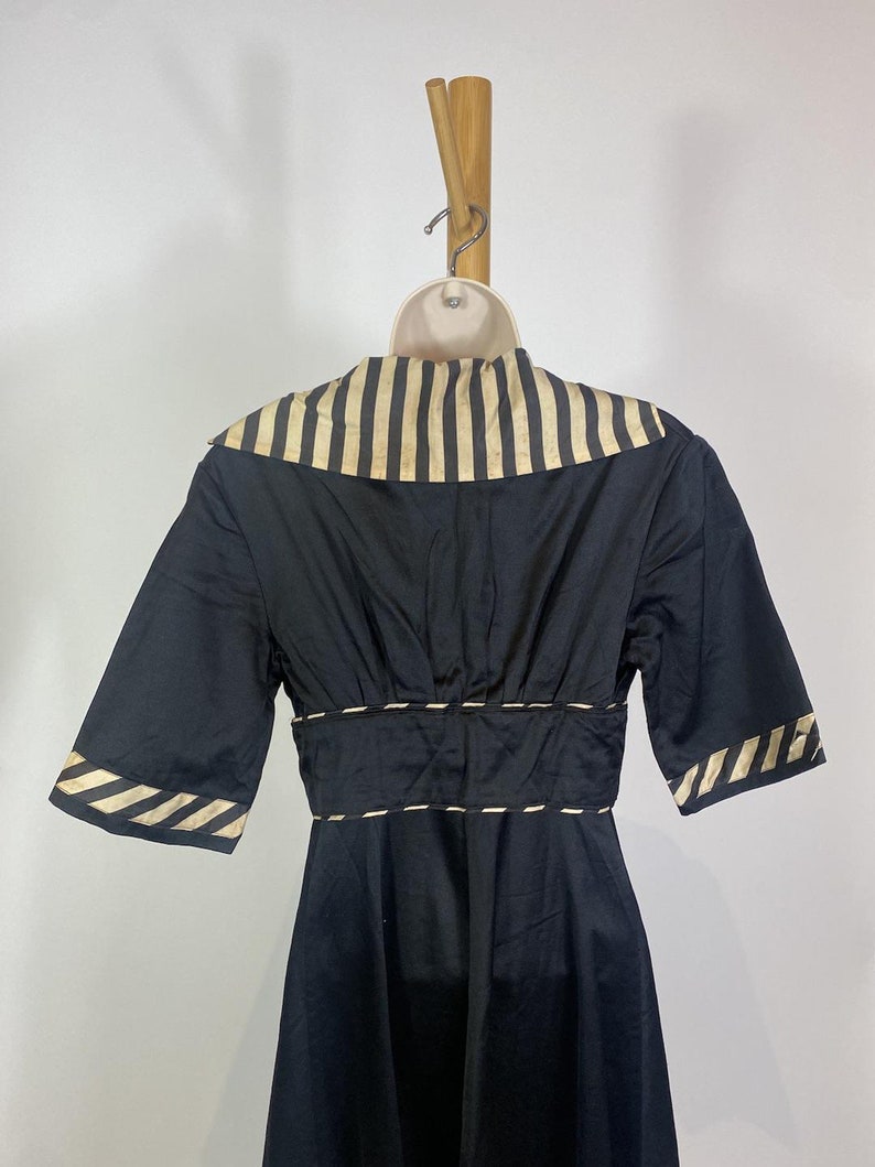 1940s Black Cotton Striped Trim Day Dress image 6