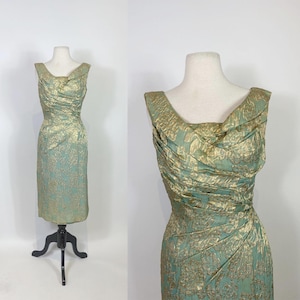 1950s - 1960s Blue and Gold Jacquard Brocade Wiggle Dress