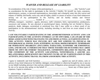 Waiver and Release of Liability - Hold Harmless-Waiver -Sports-Activities-Business-events