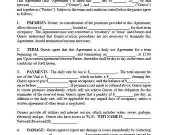 SHORT TERM USE Agreement for Temporary Residential Property Use or Accomodations