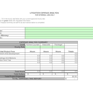 May include: A black and white form with the title "Litigation Expense Analysis" for internal use only. The form includes fields for date, claim number, case caption, responsible attorney, telephone number, and a table for expense analysis summary. The table includes columns for level, partner/counsel, associate, paralegal, hourly rate, hours, and totals.