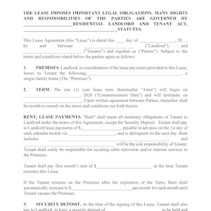 Op de afbeelding: Een zwart-wit juridisch document met de titel "Woonhuis Huurovereenkomst" waarin de voorwaarden en bepalingen van een huurovereenkomst worden uiteengezet. Het document bevat secties voor de woning, de looptijd, de huur, de huurbetalingen, de borg en de verantwoordelijkheden van de huurder.