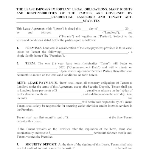 Residential Lease Rent Document Legal House Apartment Lease Etsy