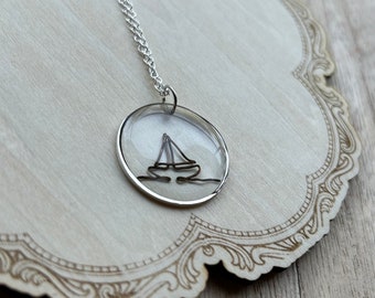 Wire Sculpted Pendant Necklace - Handmade Jewelry Resin Sealed Handcrafted Sailboat Necklace with Resin-Sealed Wire Sculpted Pendant