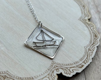 Wire Sculpted Pendant Necklace - Handmade Jewelry Resin Sealed Handcrafted Sailboat Necklace with Resin-Sealed Wire Sculpted Pendant