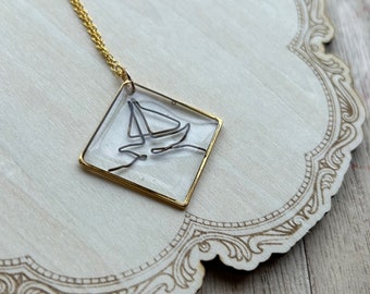 Wire Sculpted Pendant Necklace - Handmade Jewelry Resin Sealed Handcrafted Sailboat Necklace with Resin-Sealed Wire Sculpted Pendant