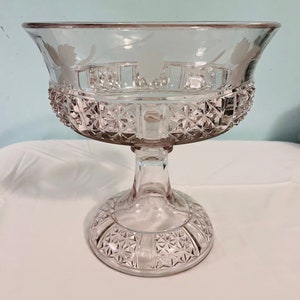 Early American Pattern Glass Large Compote Etched Dalzell Gilmore 8”