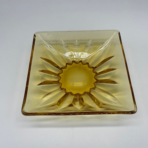 Vintage Amber Yellow Citrine Glass Relish Dish Square 6.5” Mid-Century