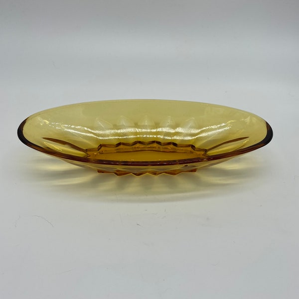 Vintage Amber Yellow Citrine Glass Relish Dish Oval 9” Mid-Century