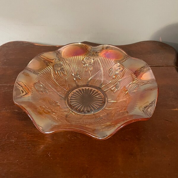 Vintage Jeanette Iris & Herringbone Marigold carnival Glass Bowl 12“