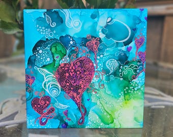 Love Letters Dropped into the Sea Original Painting - Sea Glass Colors, Gold Leaf Detail - with Incense Sticks