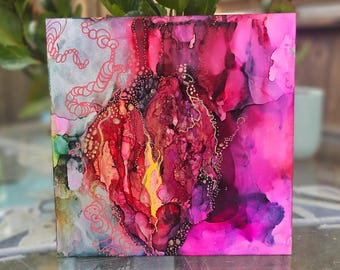 Magma Bloom Artwork: Abstract Botanical Painting with Incense (6x6 Original)