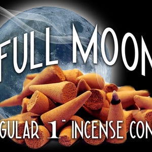 May include: A pile of tan, cone-shaped incense sticks with a textured surface. One cone is lit at the tip with a thin trail of smoke. The text "FULL MOON" and "REGULAR 1" INCENSE CONES" is displayed over a large, blue, cratered moon graphic.