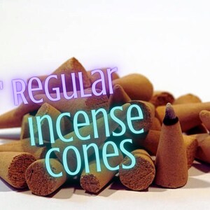 A pile of brown incense cones on a white background, with text overlaid that says "1" REGULAR incense cones".